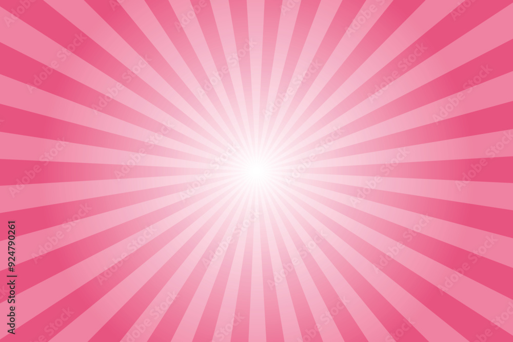 Poster Pink background with white sun ray. Pattern of starburst. Abstract dark pink texture with light of sunburst. Radial beam of sunlight. Retro background with flash. Design of sunbeams. Vector.	