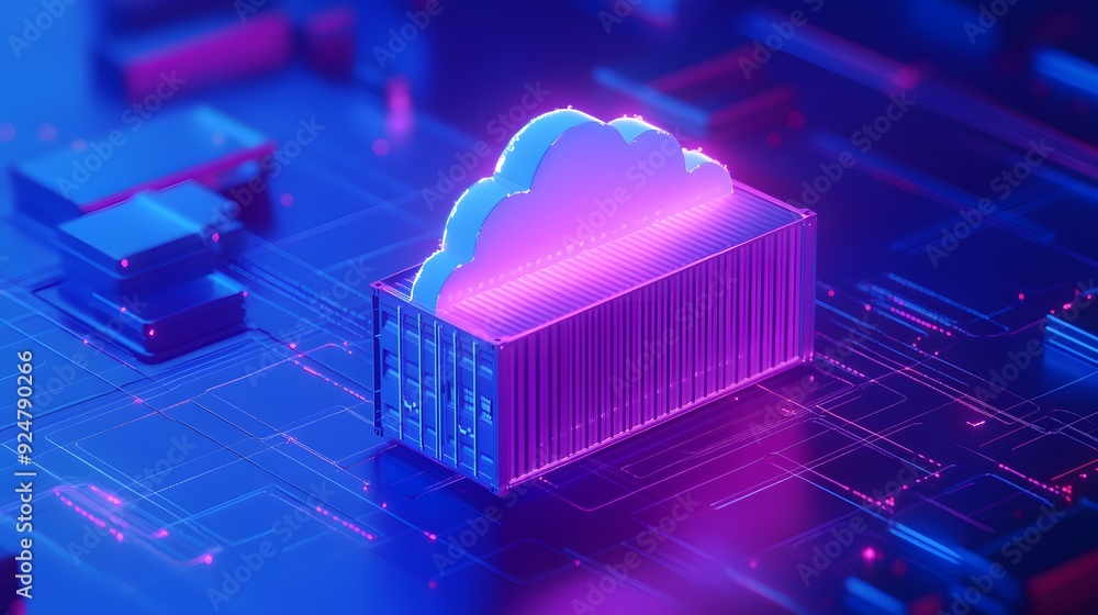 Poster futuristic cloud computing concept with container and glowing neon lights on a circuit board, repres