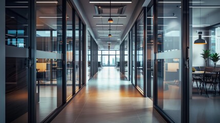 An office corridor with sleek glass doors, modern lighting fixtures, and a view into various meeting rooms and workspaces.