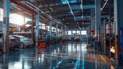A car dealership's service department, mechanics working