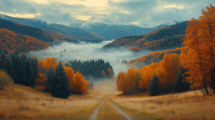autumn colors in the mountains with mist-covered peaks and orange and yellow slopes, creating a serene fall atmosphere

