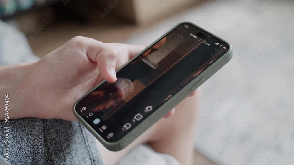 Poster close up of teenager scrolling and watching various video content using mobile phone while sitting o