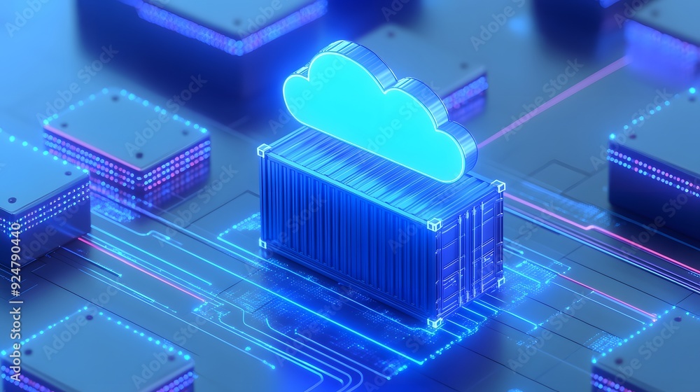 Poster futuristic cloud computing concept with digital circuits and glowing elements, representing data sto