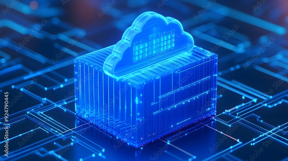 Aufkleber futuristic cloud computing concept with digital data storage system, abstract blue glowing technolog