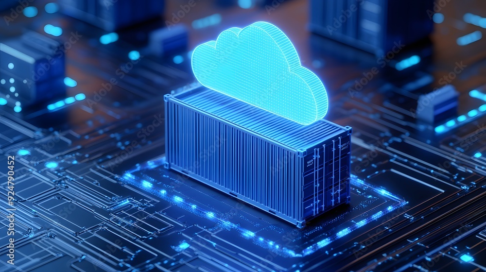 Poster futuristic cloud computing concept with digital container on circuit board, representing data storag