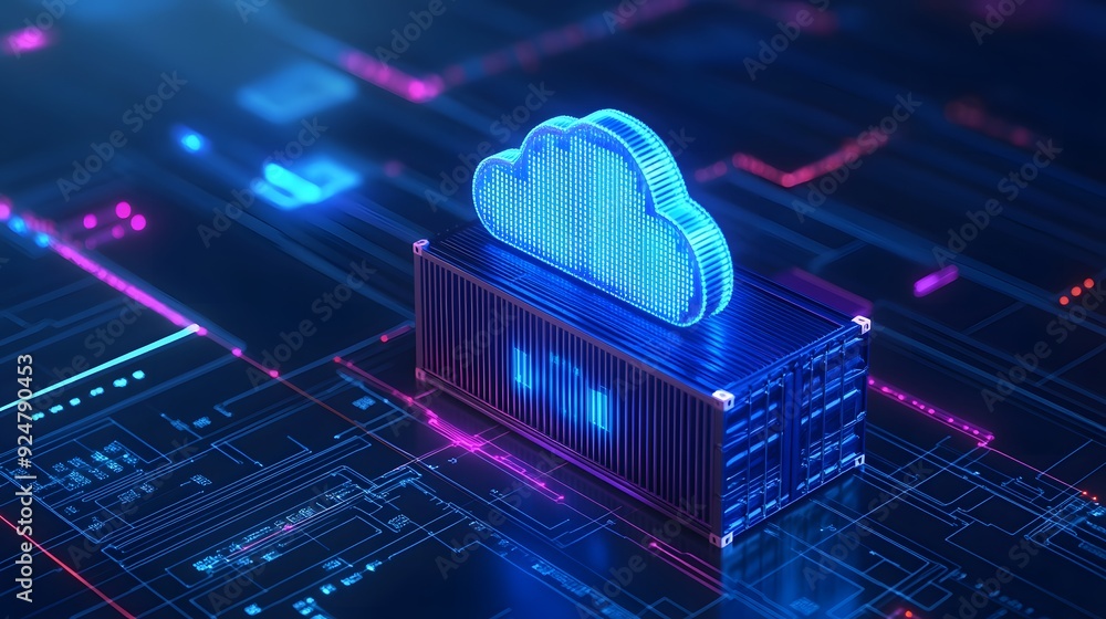 Poster futuristic cloud computing concept with digital interface and neon lights illustrating data storage 