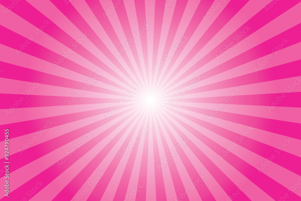 Poster Pink background with white sun ray. Pattern of starburst. Abstract deep pink texture with light of sunburst. Radial beam of sunlight. Retro background with flash. Design of sunbeams. Vector.	