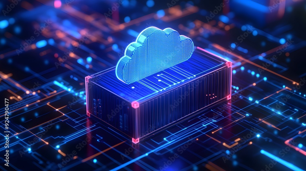 Poster futuristic cloud computing concept with digital visualization of data storage, container, and glowin