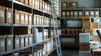 An office storage area with neatly labeled boxes, organized shelves, and a small ladder for easy access.