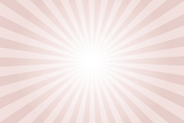 Pink background with white sun ray. Pattern of starburst. Abstract pale orange texture with light of sunburst. Radial beam of sunlight. Retro background with flash. Design of sunbeams. Vector.	