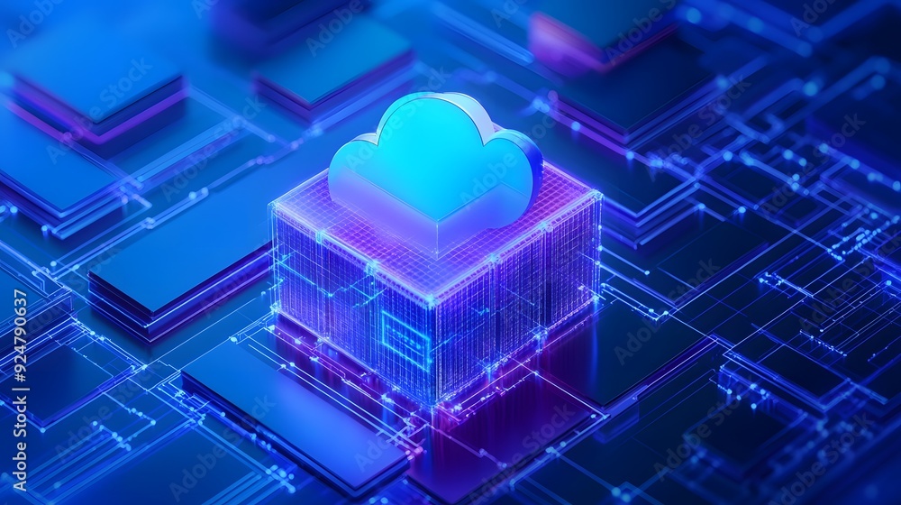 Poster futuristic cloud computing concept with glowing holographic cloud icon in digital grid. high-tech da