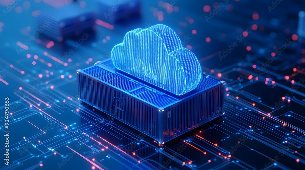 Poster futuristic cloud computing concept with glowing holographic cloud icon on a digital circuit board ba