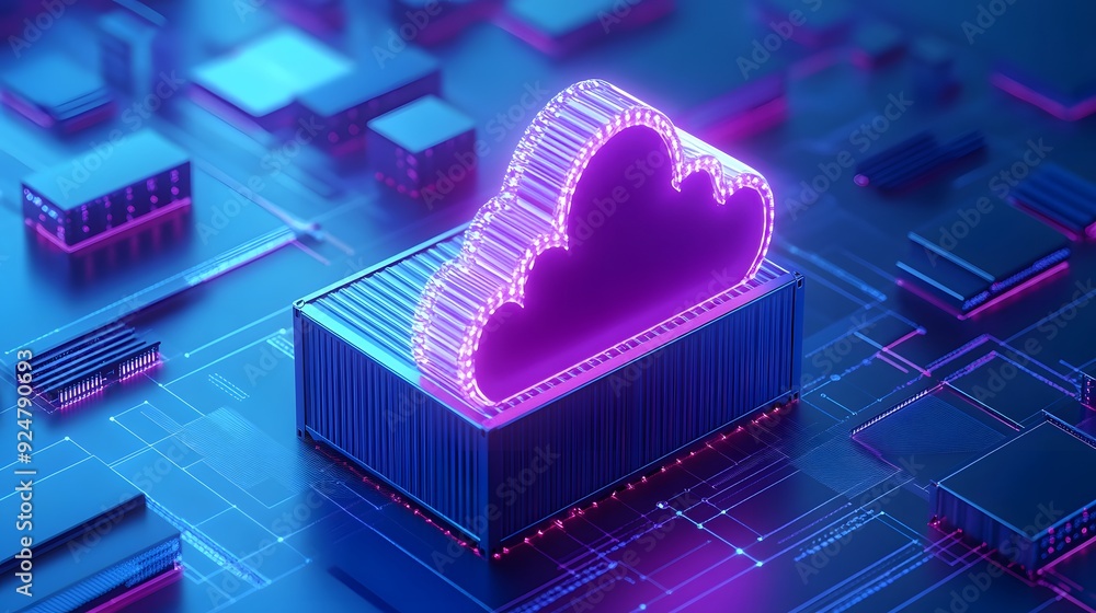 Poster futuristic cloud computing concept with glowing neon lights illustrating data storage and digital te