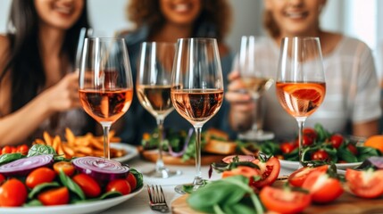 Friends Raising a Toast Celebrating with Wine and Delicious Food at a Joyful Gathering