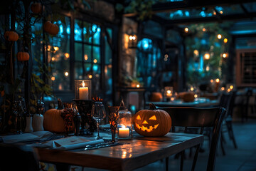 A cafe decorated for Halloween with dim lighting, candles, and pumpkins on the tables