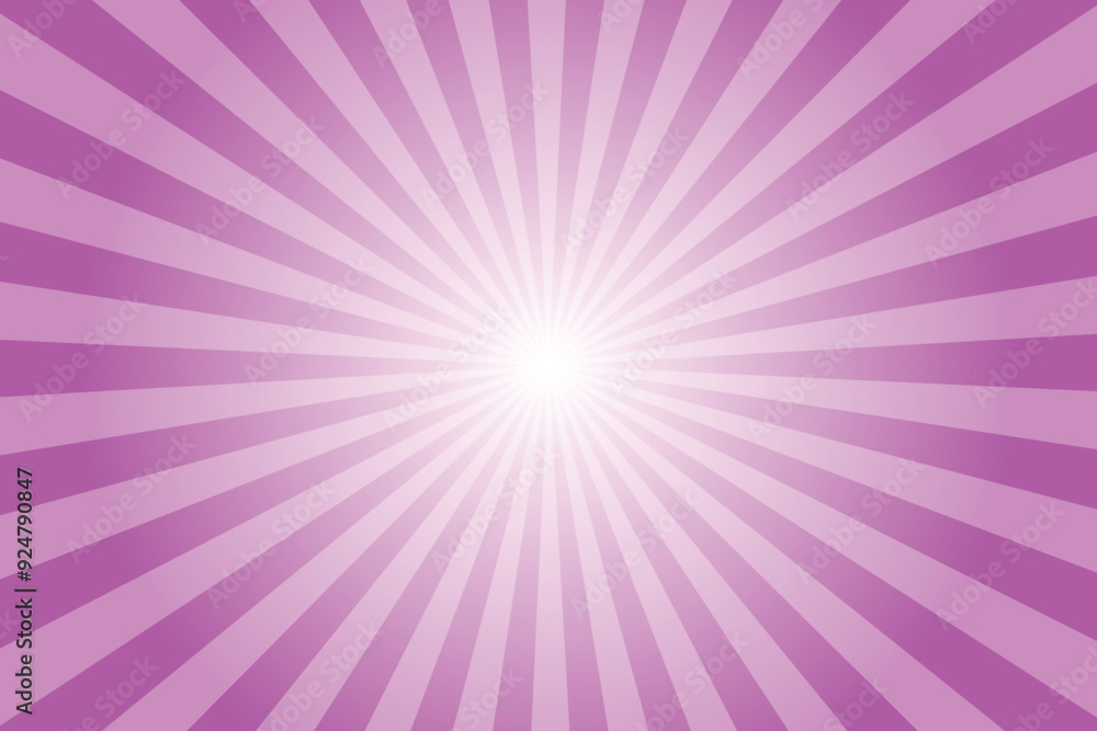Poster Pink background with white sun ray. Pattern of starburst. Abstract fuchsia pink texture with light of sunburst. Radial beam of sunlight. Retro background with flash. Design of sunbeams. Vector.	