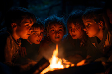 A group of children gathered around a campfire, mesmerized by its warm glow