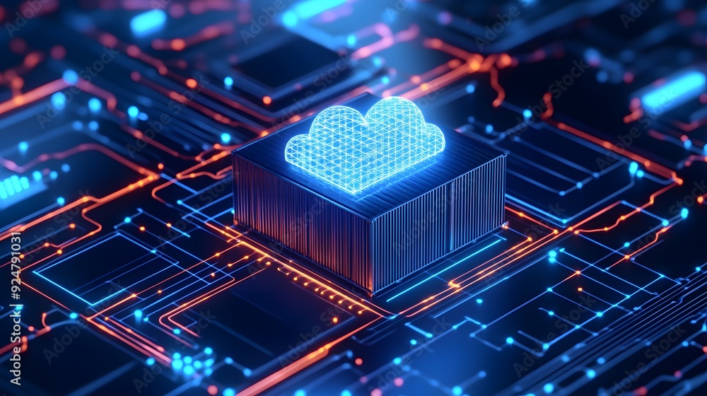 Poster futuristic cloud computing technology concept with a glowing cloud icon on a microchip, representing