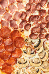 the macro composition of pizza for the menu. fresh ingredients are cheese, ham and tomatoes.