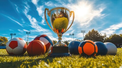 Obraz premium A trophy gleaming on a green lawn, surrounded by various sports balls, beneath a bright blue sky with white clouds.