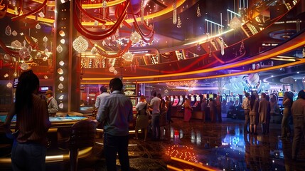 Casino jackpot city section, large jackpot display, excited players