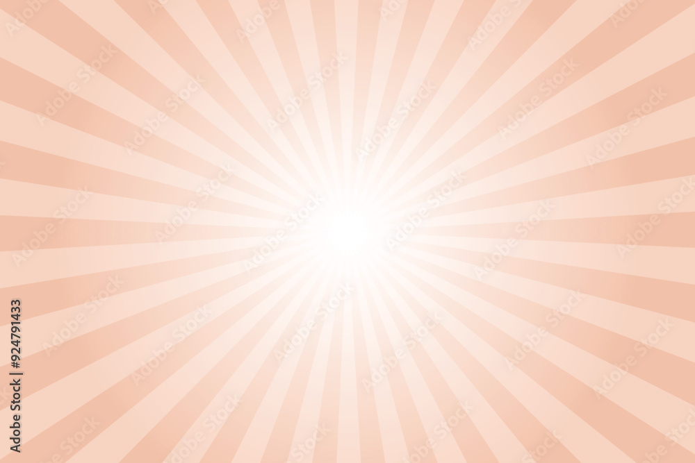 Poster Pink background with white sun ray. Pattern of starburst. Abstract light orange texture with light of sunburst. Radial beam of sunlight. Retro background with flash. Design of sunbeams. Vector.	