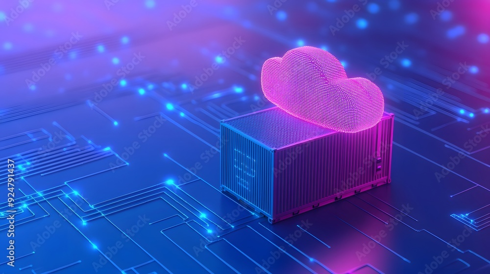 Poster futuristic cloud technology concept with a glowing pink cloud and a digital container on a circuit-l