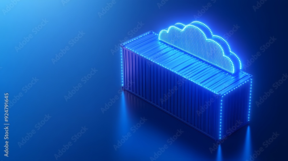 Poster futuristic concept of cloud computing represented by a digital container with a cloud icon glowing o