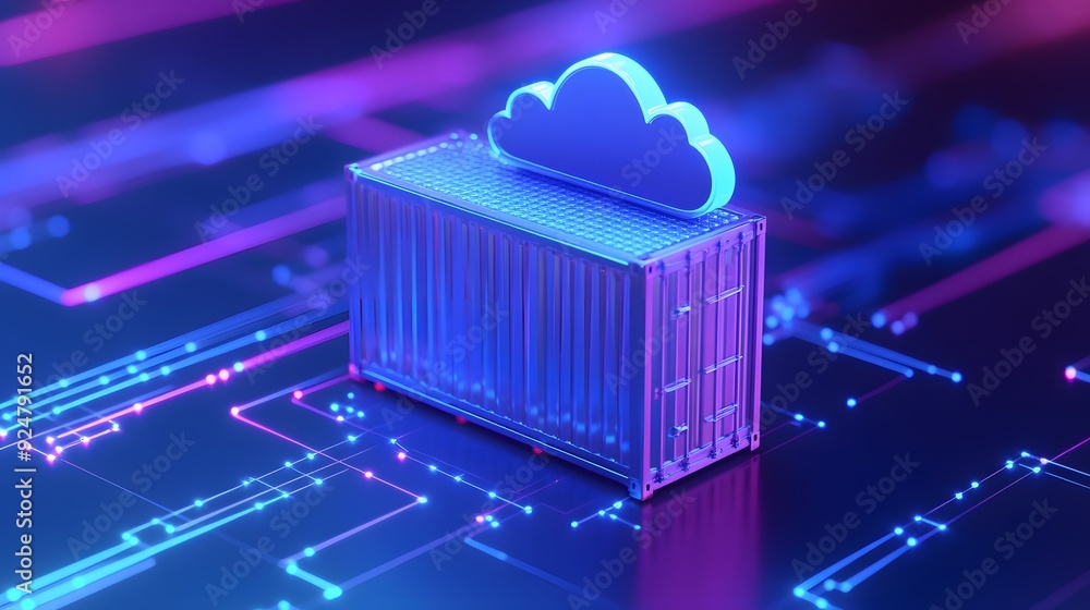 Poster futuristic concept of cloud computing symbolized by a glowing cloud and digital container on a circu