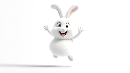 A cheerful cartoon rabbit jumping with joy against a white background.