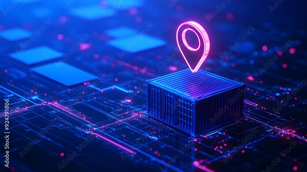 Poster futuristic concept of digital location pointer on a high-tech circuit board. technology, gps, and in