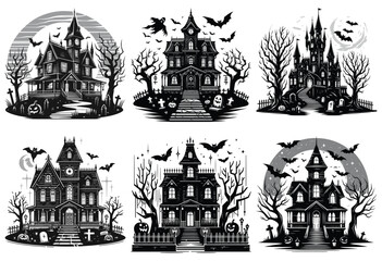 Spooky haunted house illustrations in black and white, perfect for Halloween decor and invitations