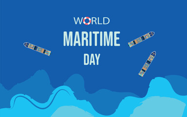 World Maritime Day. Vector illustration with ships in the middle of the sea, as a World Maritime Day banner or template.Template for background, banner, card, poster with text inscription.