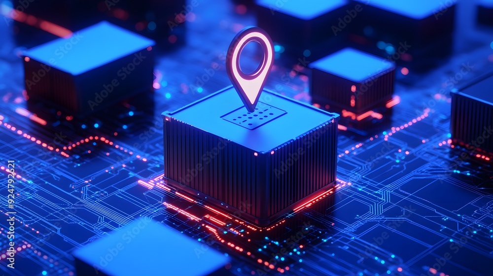 Poster futuristic digital circuit board with a glowing location pin, representing data and connection in mo