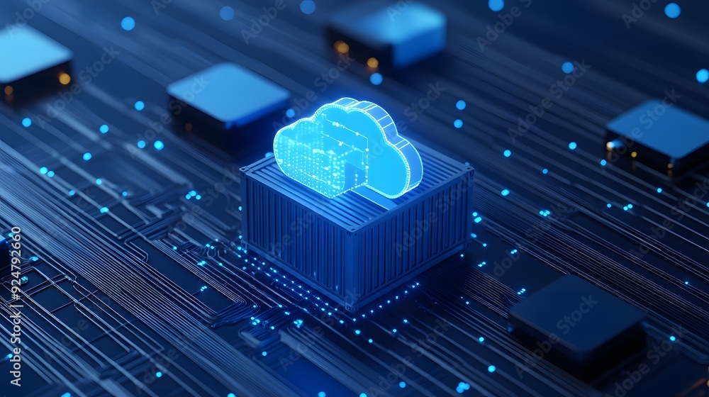 Poster futuristic digital cloud computing concept with glowing holographic cloud icon on a microchip in a d