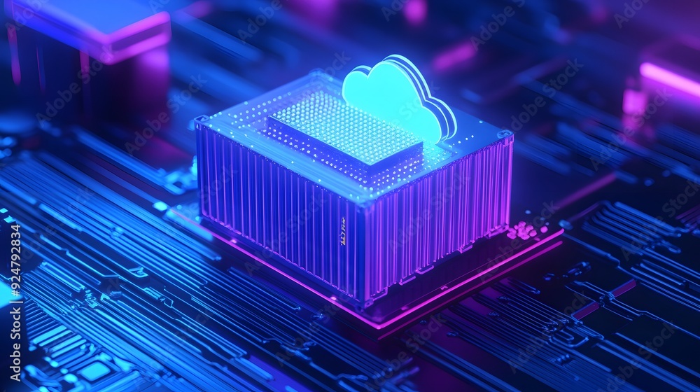 Aufkleber futuristic digital cloud on a glowing microchip in vibrant colors. concept of cloud computing and te