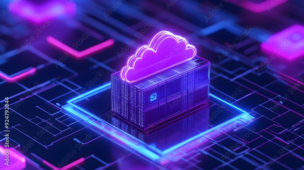 Poster futuristic digital cloud computing visualization with neon lights and abstract circuit board, symbol