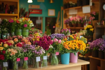 Fototapeta premium A vibrant flower shop filled with colorful blooms. Each flower adds charm and beauty to the space. Perfect for floral arrangements and gifts. Generative AI