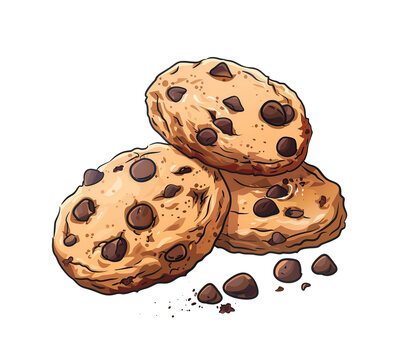 Baked cookies with chocolate chips, sweet isolated illustration.