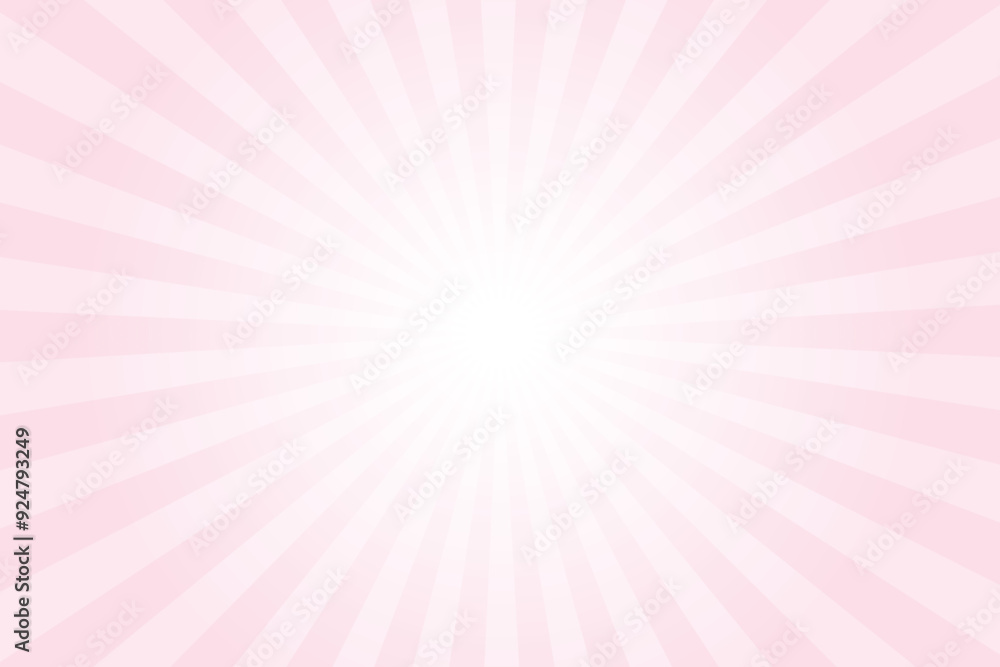 Poster Pink background with white sun ray. Pattern of starburst. Abstract piggy pink texture with light of sunburst. Radial beam of sunlight. Retro background with flash. Design of sunbeams. Vector.	