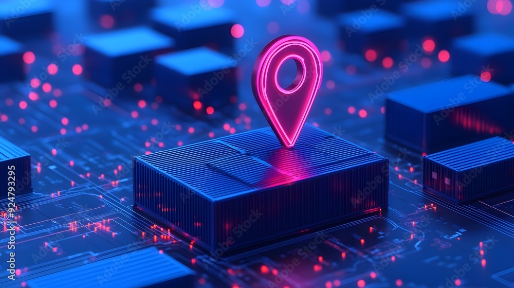Poster futuristic digital concept of gps navigation with a glowing location pin on a circuit board, symboli