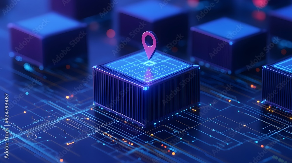 Poster futuristic digital data concept with glowing circuit board and location pin. 3d illustration of elec