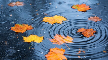 Autumn rain puddle with colorful leaves floating on the surface, creating a serene fall background
