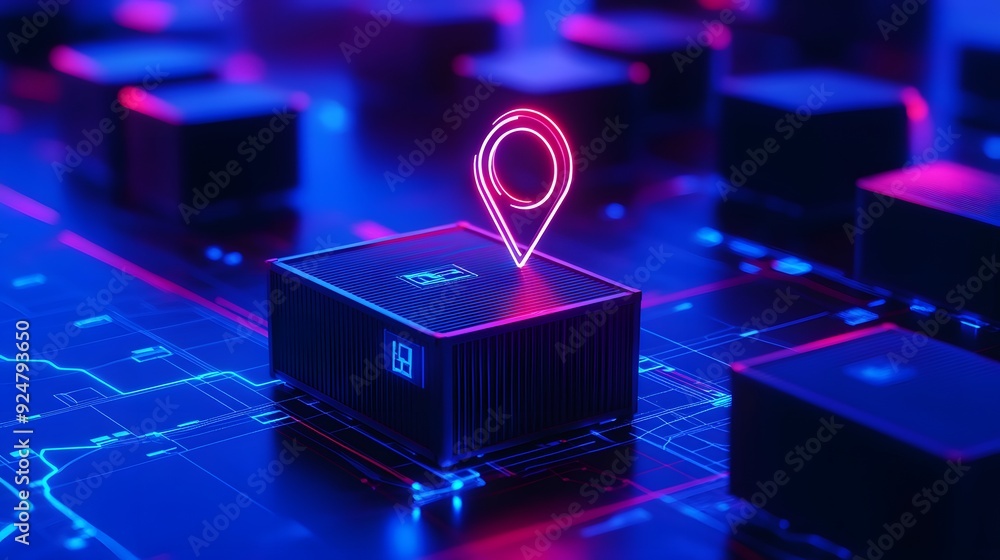 Poster futuristic digital hologram with glowing location pin on circuit board, representing technology, dat