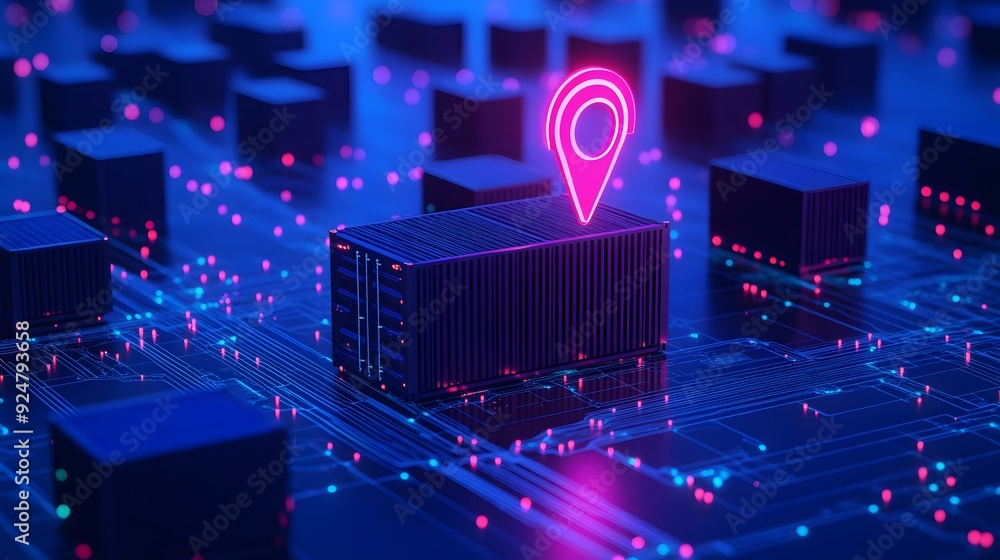 Poster futuristic digital illustration depicting a navigation pin on a server, symbolizing data center and 