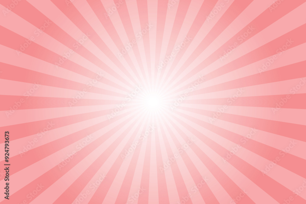 Poster Pink background with white sun ray. Pattern of starburst. Abstract pink tulip color texture with light of sunburst. Radial beam of sunlight. Retro background with flash. Design of sunbeams. Vector.	