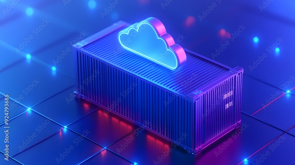Aufkleber futuristic digital illustration of a cloud icon and a shipping container, symbolizing cloud computin