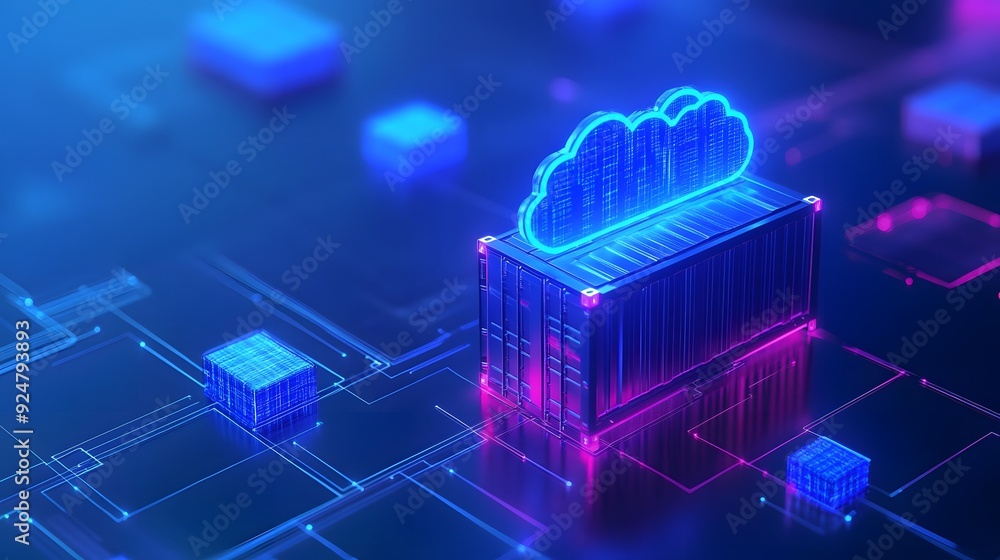 Poster futuristic digital illustration of cloud computing, data storage, and network security with glowing 