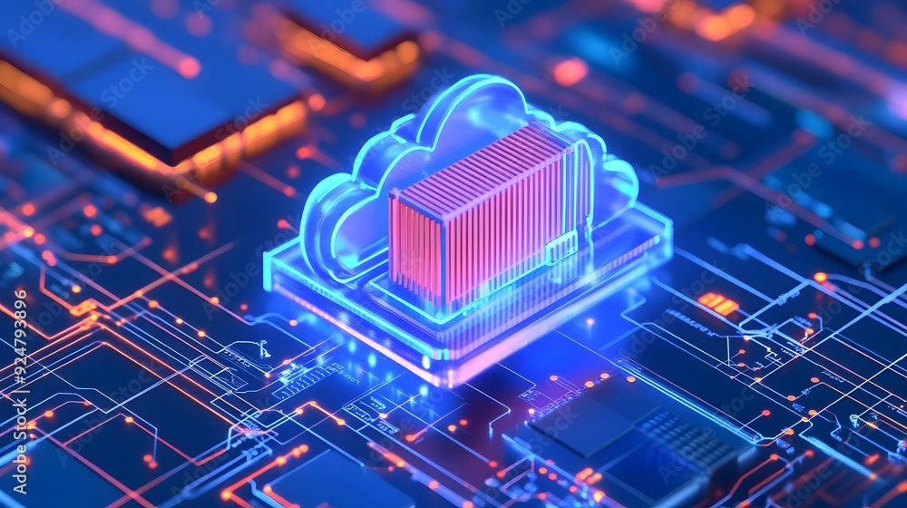 Poster futuristic digital illustration of cloud computing and data storage concept with neon highlights and