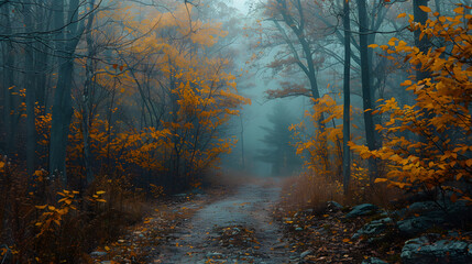 Obraz premium A serene foggy morning in the woods during autumn, with golden leaves barely visible through the mist and a sense of quiet stillness in the air.